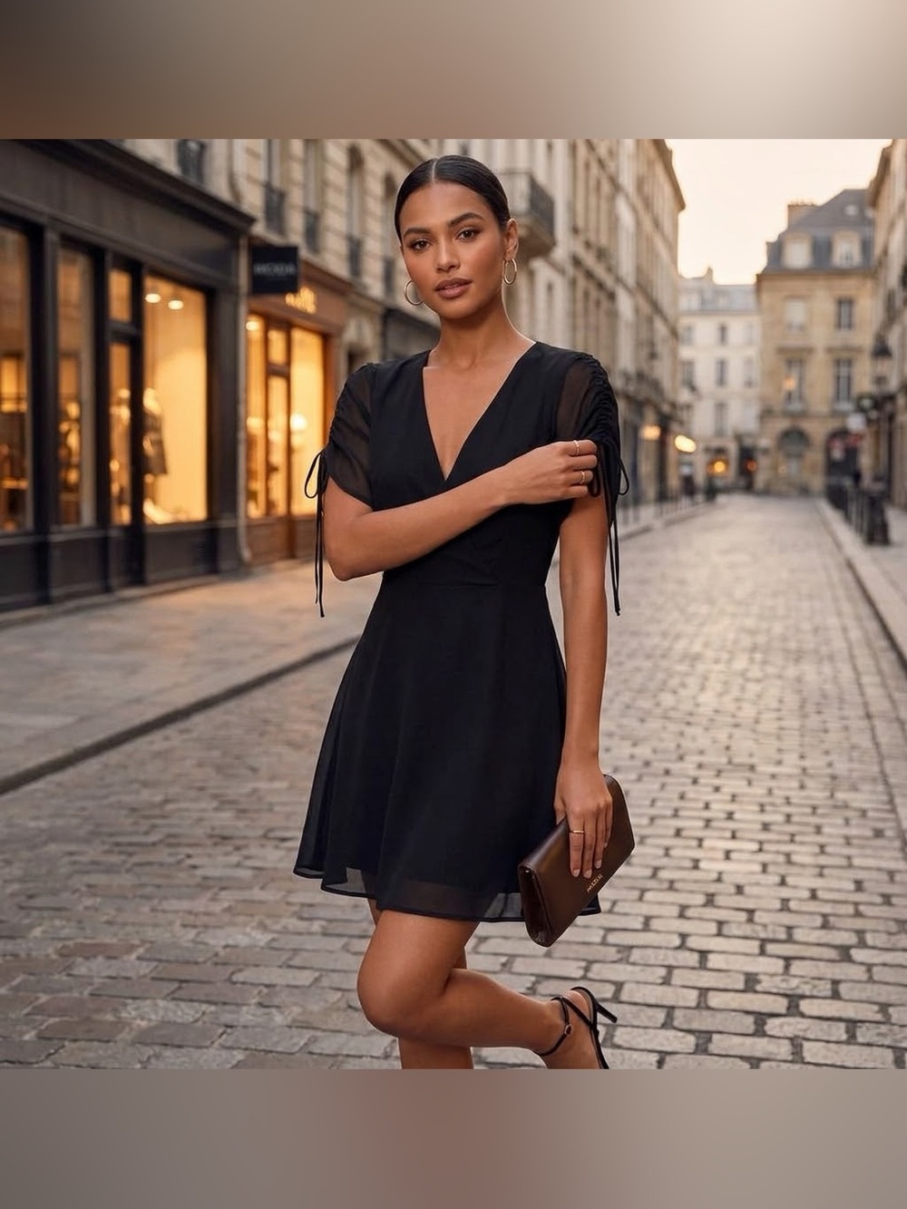 Lulu's Black Elegant V-neck Rushed Sleeves Mini Dress Size S